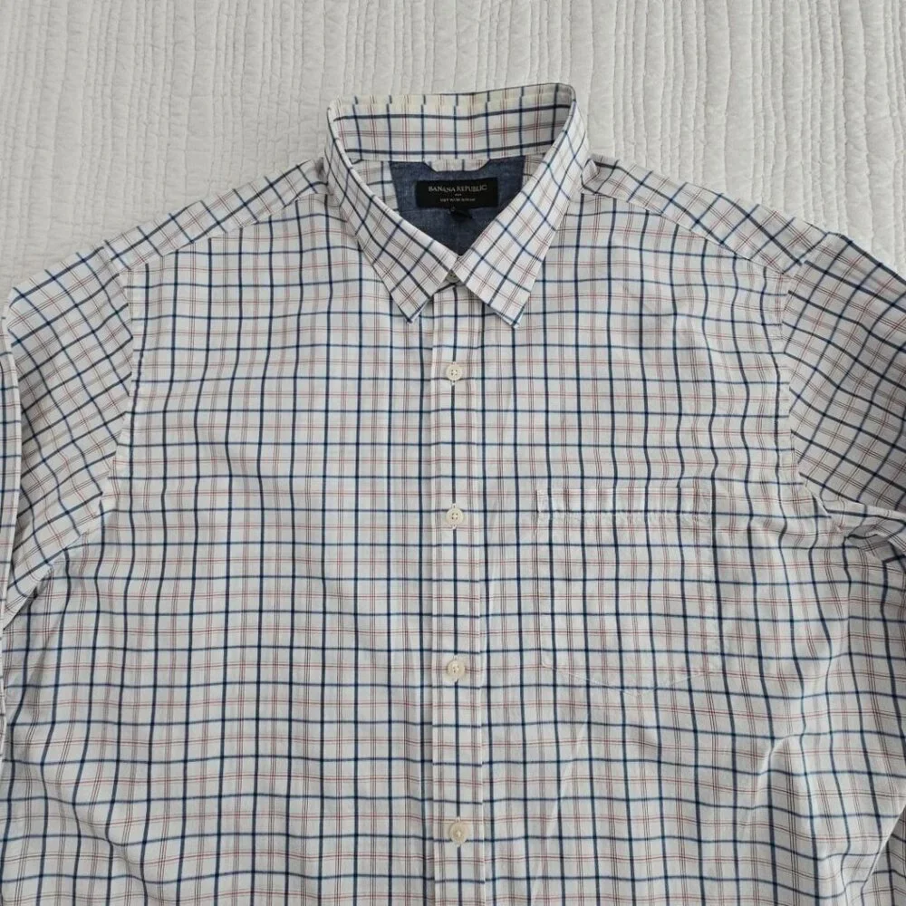 Banana Republic Shirt Men's XL Red White Blue Windowpane‎ Soft Wash Slim Fit EUC